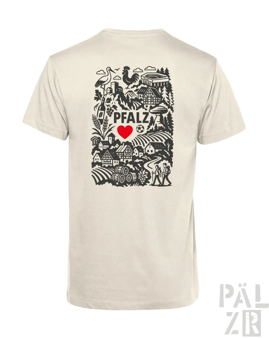 Cremeweiße T-Shirt mit schwarzem Grafikdesign, das ’pfalz’ und ein Herz zeigt, aus Baumwolle gefertigt.