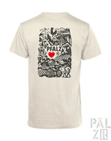 Cremeweiße T-Shirt mit schwarzem Grafikdesign, das ’pfalz’ und ein Herz zeigt, aus Baumwolle gefertigt.