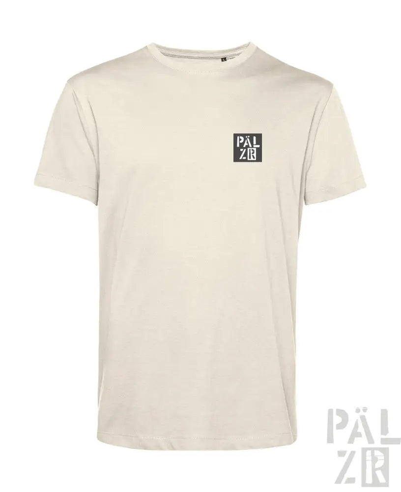 Cremeweiße T-Shirt mit schwarzem ’palzbr’-Logo auf der Brust, aus Baumwolle.
