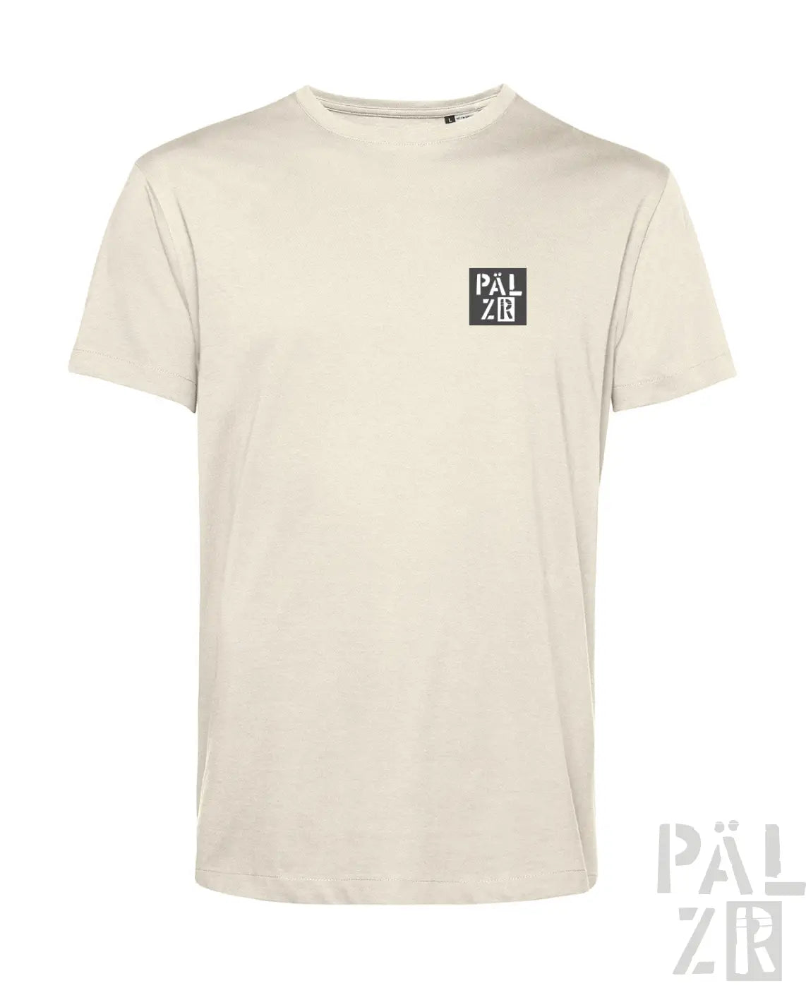 Cremeweiße T-Shirt mit schwarzem ’palzbr’-Logo auf der Brust, aus Baumwolle.