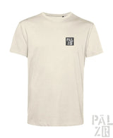 Cremeweiße T-Shirt mit schwarzem ’palzbr’-Logo auf der Brust, aus Baumwolle.