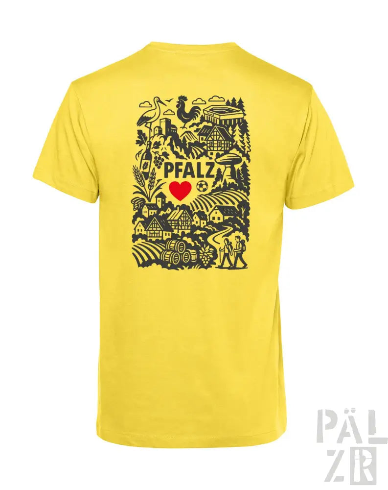 Gelbes T-Shirt mit schwarz-weißer Gestaltung, das den Text ’Pfalz’, ein Herzsymbol und verschiedene Illustrationen zeigt.