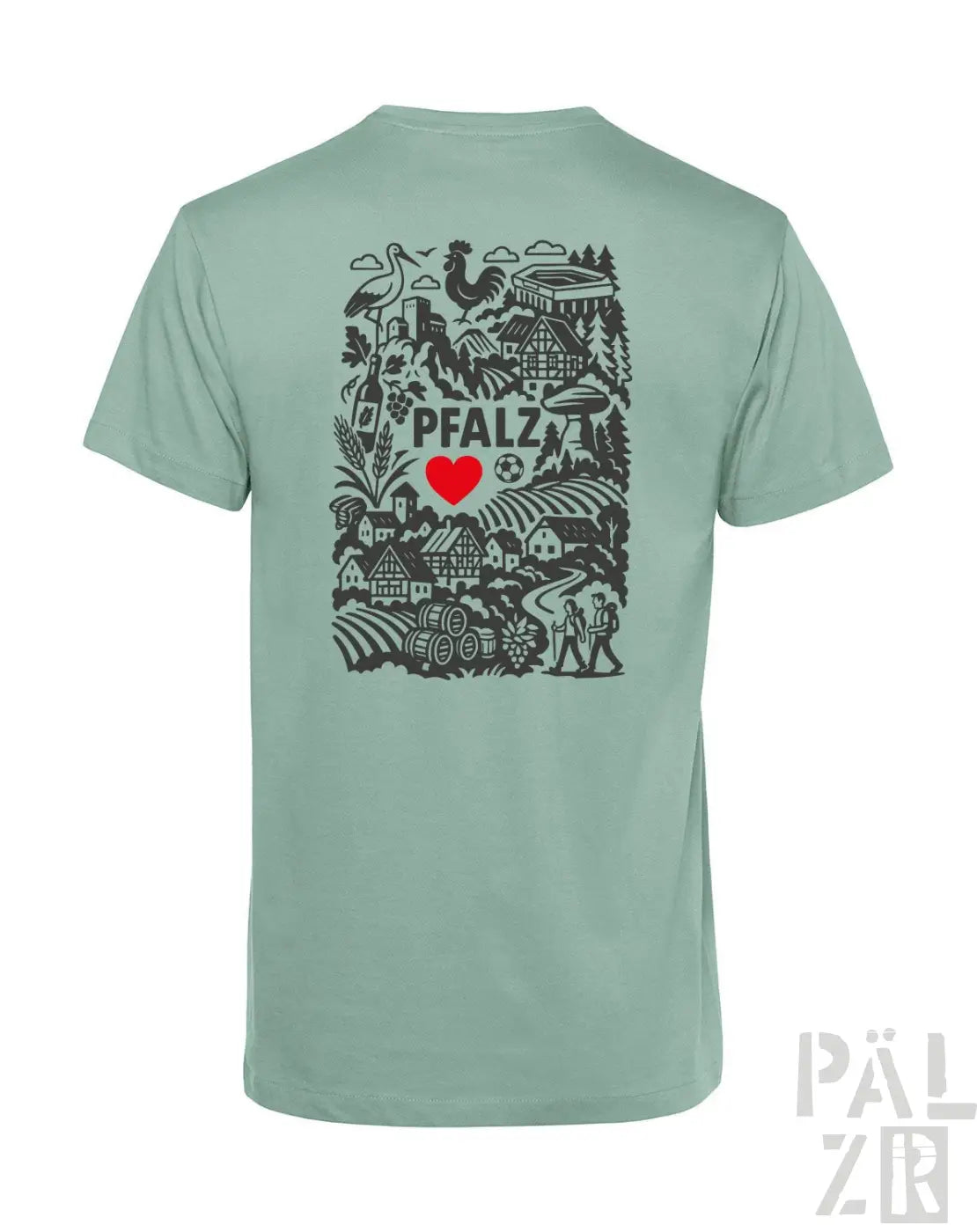 Mintgrünes T-Shirt mit schwarzem Grafikdesign, das ’pfalz’ und ein Herz zeigt, wahrscheinlich aus Baumwolle.