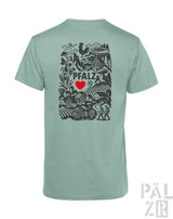 Mintgrünes T-Shirt mit schwarzem Grafikdesign, das ’pfalz’ und ein Herz zeigt, wahrscheinlich aus Baumwolle.