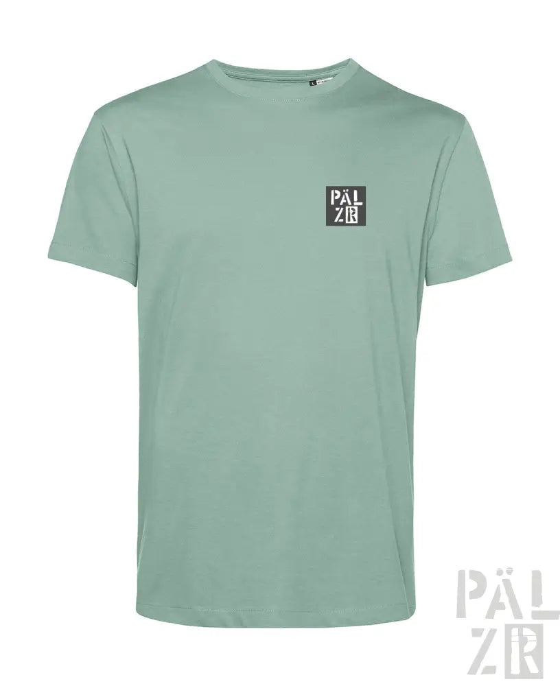 Minzgrünes T-Shirt mit schwarzem ’palzir’-Logo auf der Brust, aus Baumwolle gefertigt.