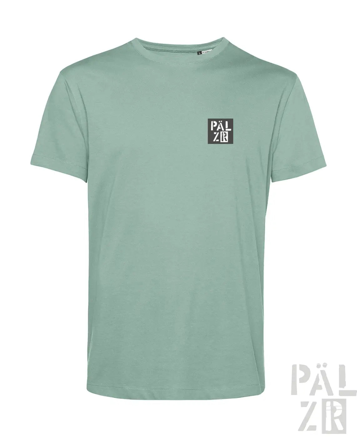 Minzgrünes T-Shirt mit schwarzem ’palzir’-Logo auf der Brust, aus Baumwolle gefertigt.