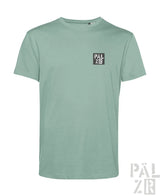 Minzgrünes T-Shirt mit schwarzem ’palzir’-Logo auf der Brust, aus Baumwolle gefertigt.