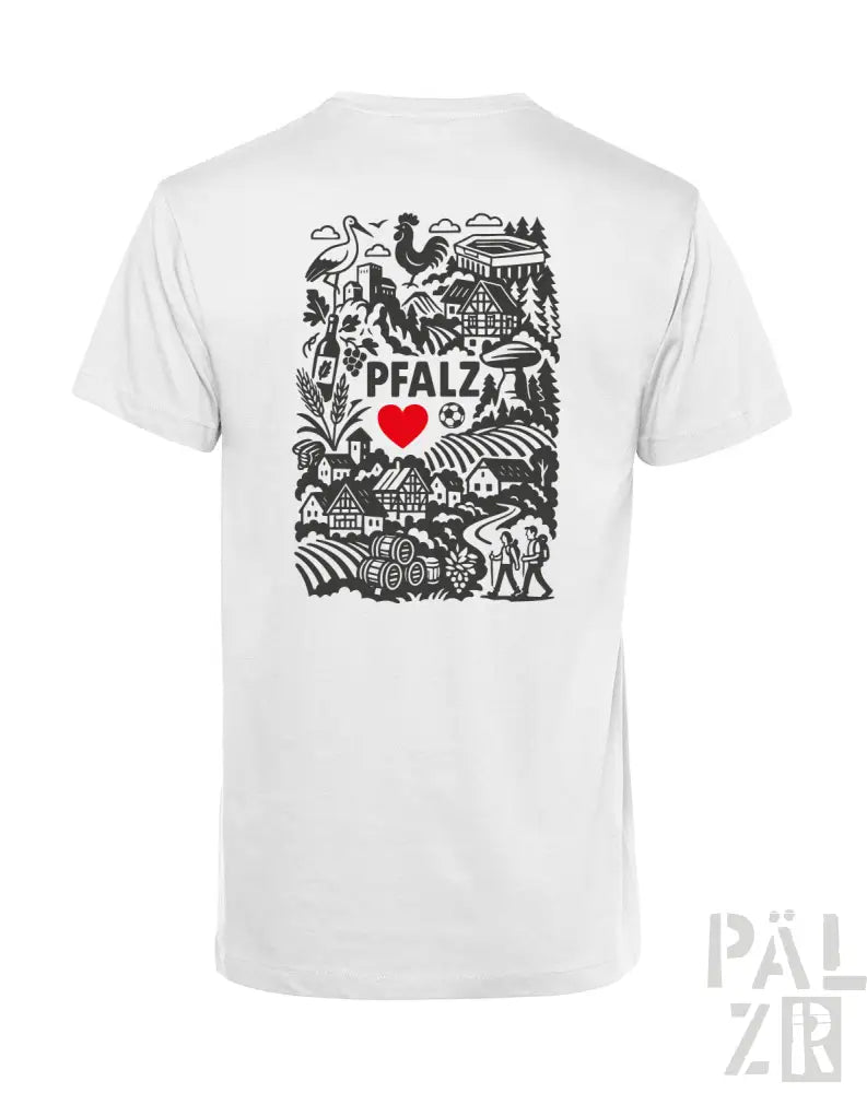 Weißes T-Shirt mit schwarz-roter Design mit dem Text ’pfalz’, Herzsymbol und verschiedenen Illustrationen.