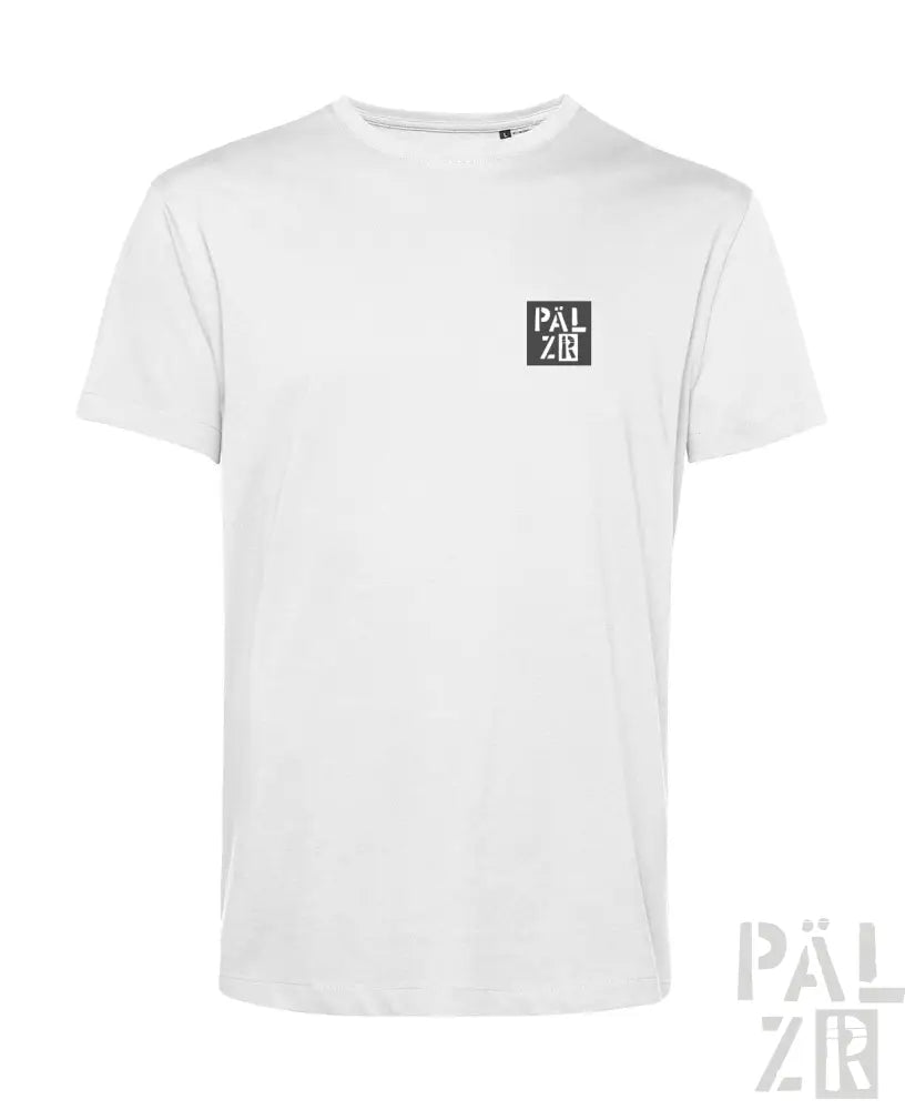Weißes T-Shirt mit schwarzem Logodesign, Palzir-Marke.