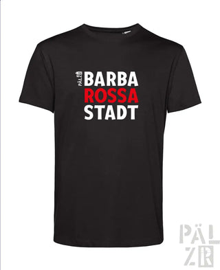 Schwarzes T-Shirt mit dem Text ’barba rossa stadt’ in Weiß und Rot, mit einem minimalistischen Design.