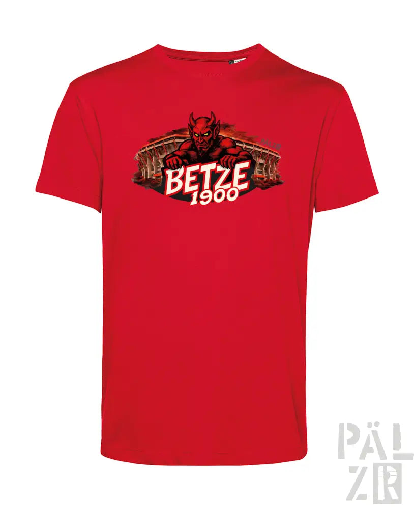 Rotes kurzärmliges T-Shirt mit einem Grafikmotiv eines roten Teufels und dem Text „betze 1900“ auf der Brust.