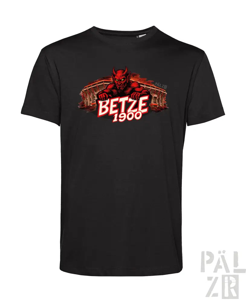 Schwarzes Baumwoll-T-Shirt mit rotem Teufel-Grafik, Text „betze 1900“ und architektonischem Hintergrund.
