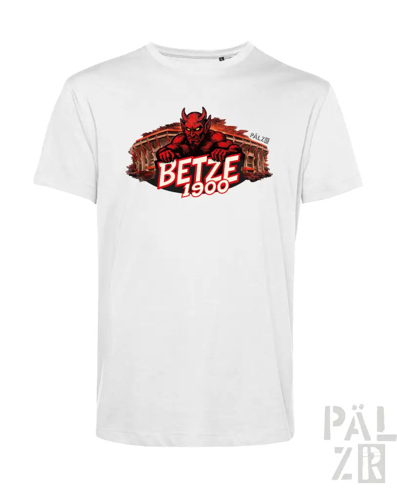 Weißes Baumwoll-T-Shirt mit rotem Teufel-Grafik, Text „betze 1900“ und architektonischem Hintergrund.