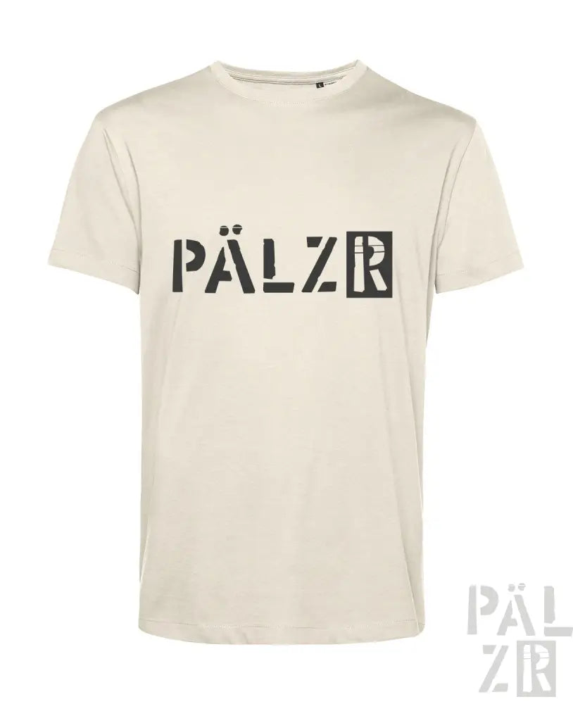 Cremeweiße Pälzer-T-Shirt mit schwarzem Logo und Design.