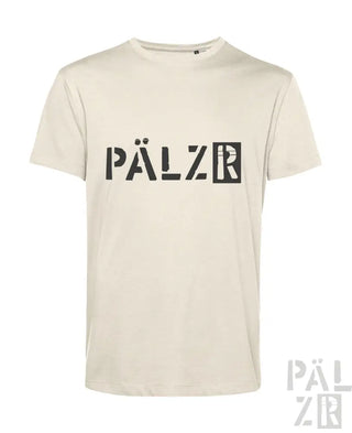 Cremeweiße Pälzer-T-Shirt mit schwarzem Logo und Design.