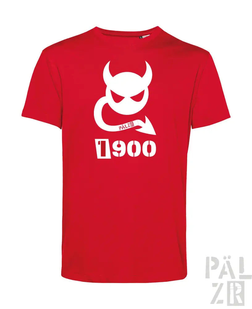 Rotes T-Shirt mit weißem Teufel-Design und Text „1900“