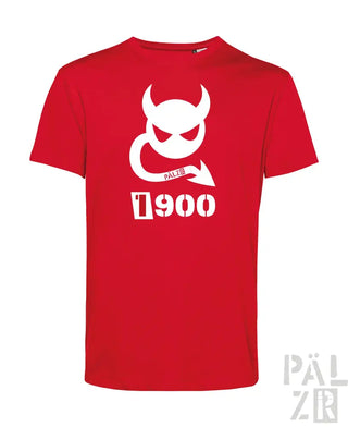 Rotes T-Shirt mit weißem Teufel-Design und Text „1900“