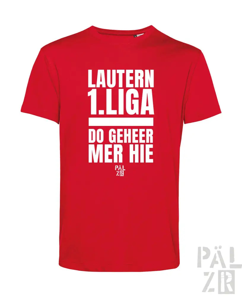 Rotes T-Shirt mit weißem Text und Design, das „lautern 1“ zeigt.