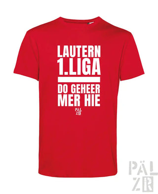 Rotes T-Shirt mit weißem Text und Design, das „lautern 1“ zeigt.