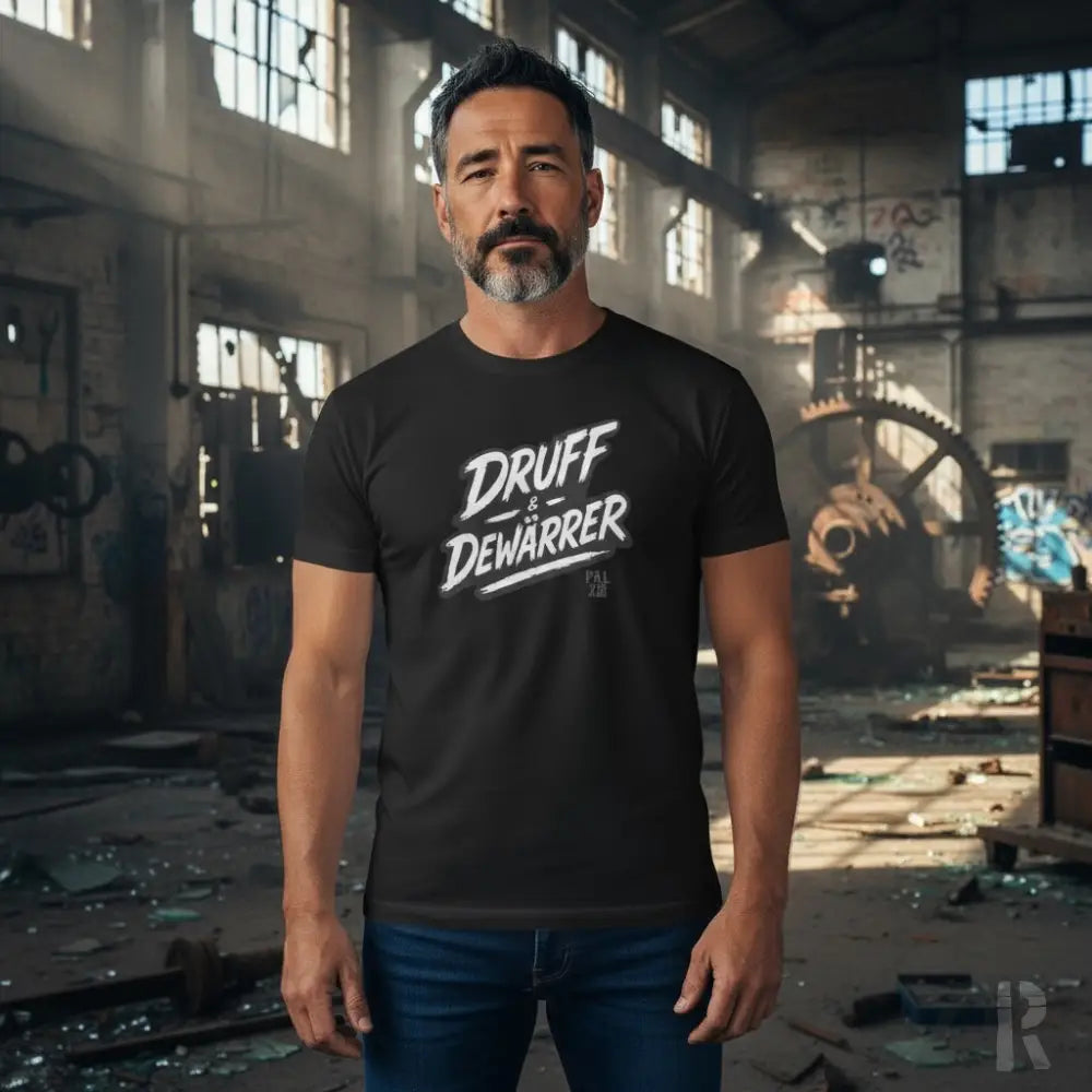 Schwarzes T-Shirt mit weißem Text „druff dewarrer“ und grafischem Design.