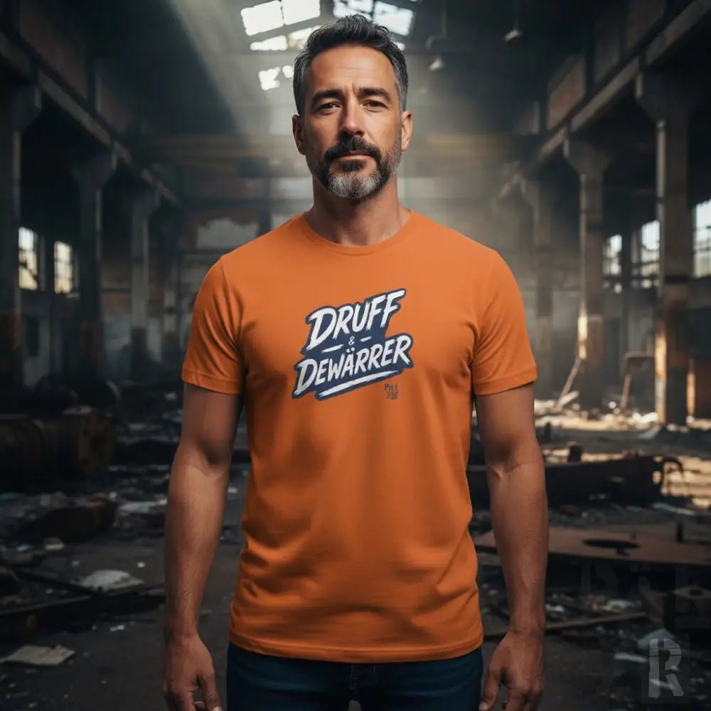 Oranges T-Shirt mit ’druff dewarrer’-Design und abgetragenen Denim-Jeans.