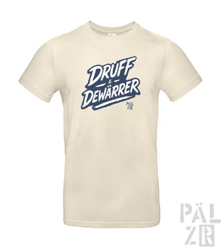 Cremeweiße T-Shirt mit ’druff dewarrer’ Grafikdesign, das eine lässige und verspielte Schriftart aufweist.