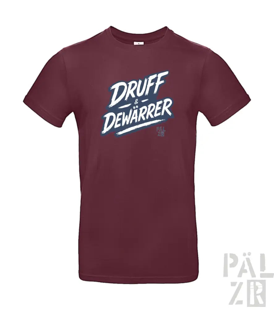 Bordeaux-Farbenes T-Shirt mit Grafikdesign ’druff dewarrer’ in Weiß und Blau, aus Baumwolle.