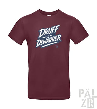 Bordeaux-Farbenes T-Shirt mit Grafikdesign ’druff dewarrer’ in Weiß und Blau, aus Baumwolle.