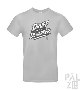 Graues T-Shirt mit ’druff dewarrer’ Grafikdesign, gedruckt in Schwarz.