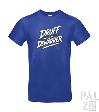 Königsblaues T-Shirt mit Grafikdesign ’druff dewarrer’ in Weiß und Rot, mit lässigem Schnitt.