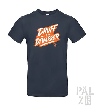 Marineblaues T-Shirt mit orange- und weißem ’druff dewarrer’ Grafikdesign, das eine retro-stilige Schriftart aufweist.