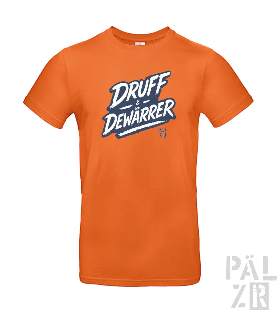 Orange T-Shirt mit ’druff dewarrer’ Grafikdesign, das eine fettgedruckte und verspielte Schriftart aufweist.
