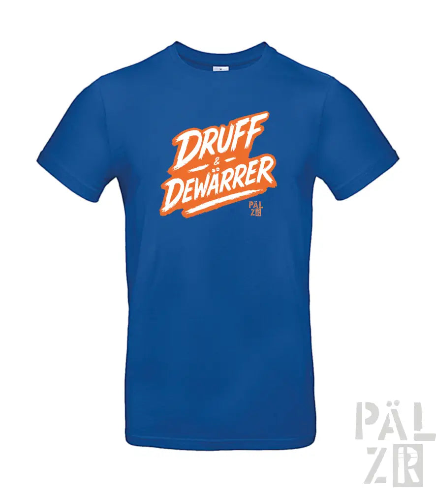 Königsblaues T-Shirt mit ’druff dewarrer’-Grafik in orange-weißem Design, mit retro-stämmiger Schriftart.