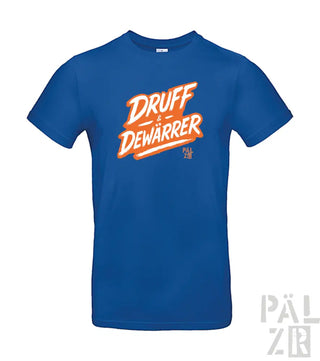Königsblaues T-Shirt mit ’druff dewarrer’-Grafik in orange-weißem Design, mit retro-stämmiger Schriftart.