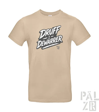 Beige T-Shirt mit ’druff dewarrer’ Grafikdesign, das eine lässige und verspielte Schriftart aufweist.