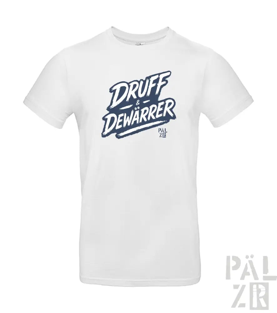 Weißes T-Shirt mit Grafikdesign ’druff dewarrer’ in Blau und Schwarz, aus Baumwolle.