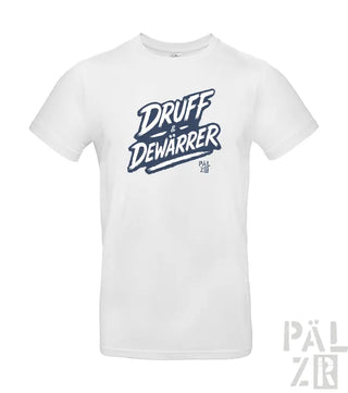 Weißes T-Shirt mit Grafikdesign ’druff dewarrer’ in Blau und Schwarz, aus Baumwolle.