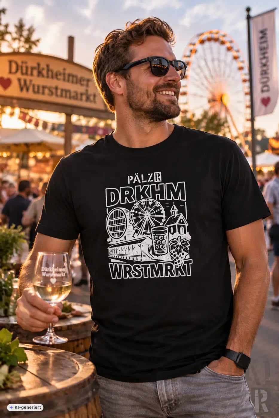 Schwarzes maßgeschneidertes männer t-shirt mit weißem grafikdruck festwiese, bierkrug und traubenmotiv
