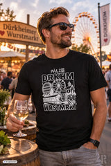 Schwarzes maßgeschneidertes männer t-shirt mit weißem grafikdruck festwiese, bierkrug und traubenmotiv