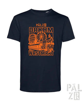 Marineblaues T-Shirt mit orange- und weißem Design, das ein Riesenrad, ein Bierkrug und andere deutsch-thematische Elemente zeigt.
