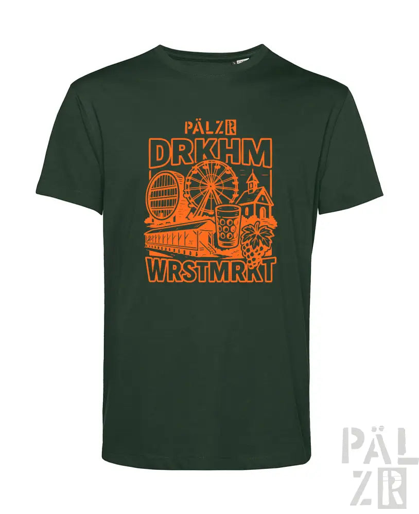 Grünes T-Shirt mit orange- und weißem Design, das ein Riesenrad, ein Bierkrug und den Text „pälzir drkhm wrsstmkt“ zeigt