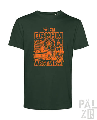 Grünes T-Shirt mit orange- und weißem Design, das ein Riesenrad, ein Bierkrug und den Text „pälzir drkhm wrsstmkt“ zeigt
