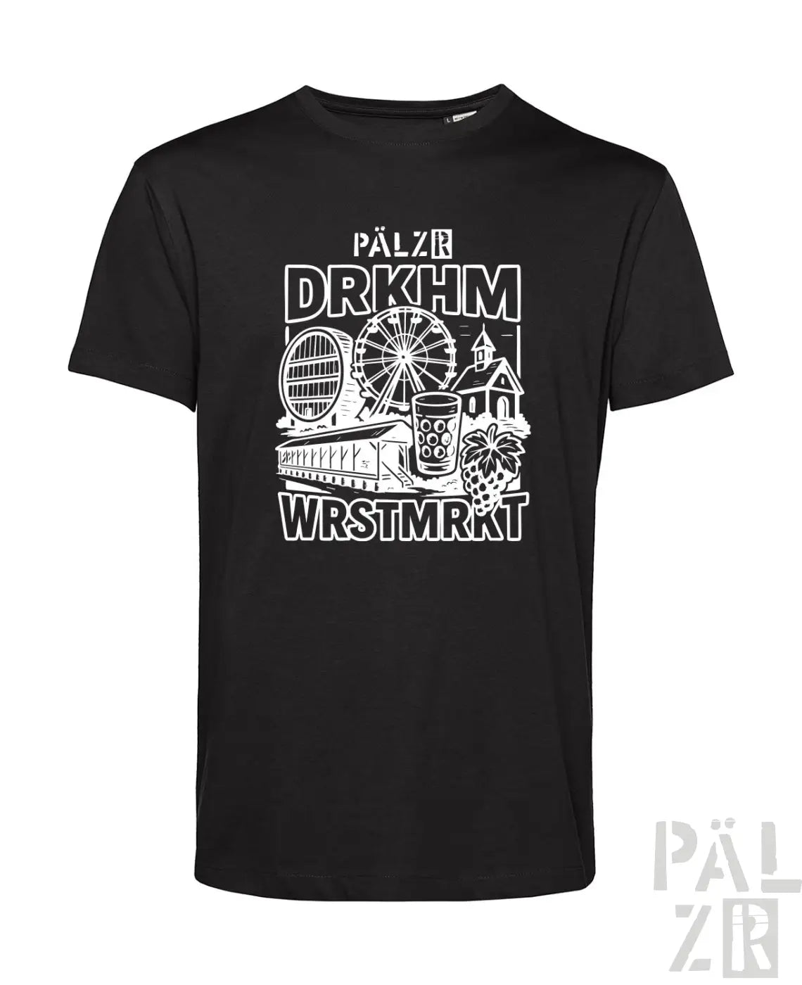 Schwarzes T-Shirt mit weißem Grafikdesign, das ein Riesenrad, ein Bierkrug und ein Brauereigebäude zeigt.