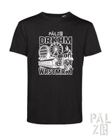 Schwarzes T-Shirt mit weißem Grafikdesign, das ein Riesenrad, ein Bierkrug und ein Brauereigebäude zeigt.
