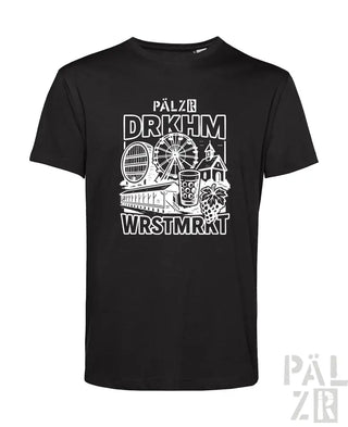 Schwarzes T-Shirt mit weißem Grafikdesign, das ein Riesenrad, ein Bierkrug und ein Brauereigebäude zeigt.