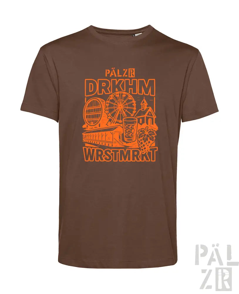Braunes T-Shirt mit orangefarbenem Grafikdesign, das ein Riesenrad, ein Bierkrug und den Text ’pälzir drkhm wrstmkt’ zeigt, aus Baumwolle.