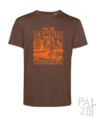 Braunes T-Shirt mit orangefarbenem Grafikdesign, das ein Riesenrad, ein Bierkrug und den Text ’pälzir drkhm wrstmkt’ zeigt, aus Baumwolle.