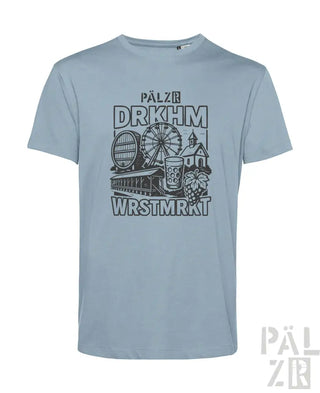 Hellblaues T-Shirt mit Grafikdesign, das ein Riesenrad, ein Haus und Trauben zeigt.