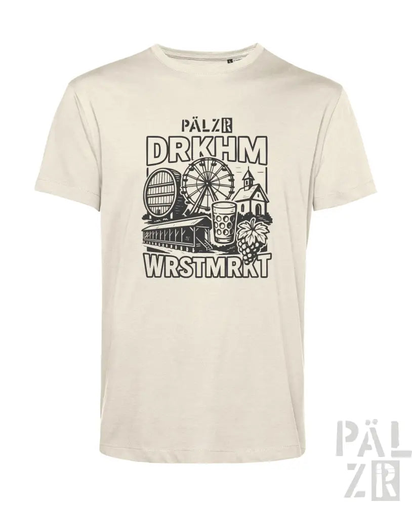 Creme-farbene T-Shirt mit schwarzem Grafikdesign, das ein Riesenrad, ein Weinfass und Trauben zeigt.