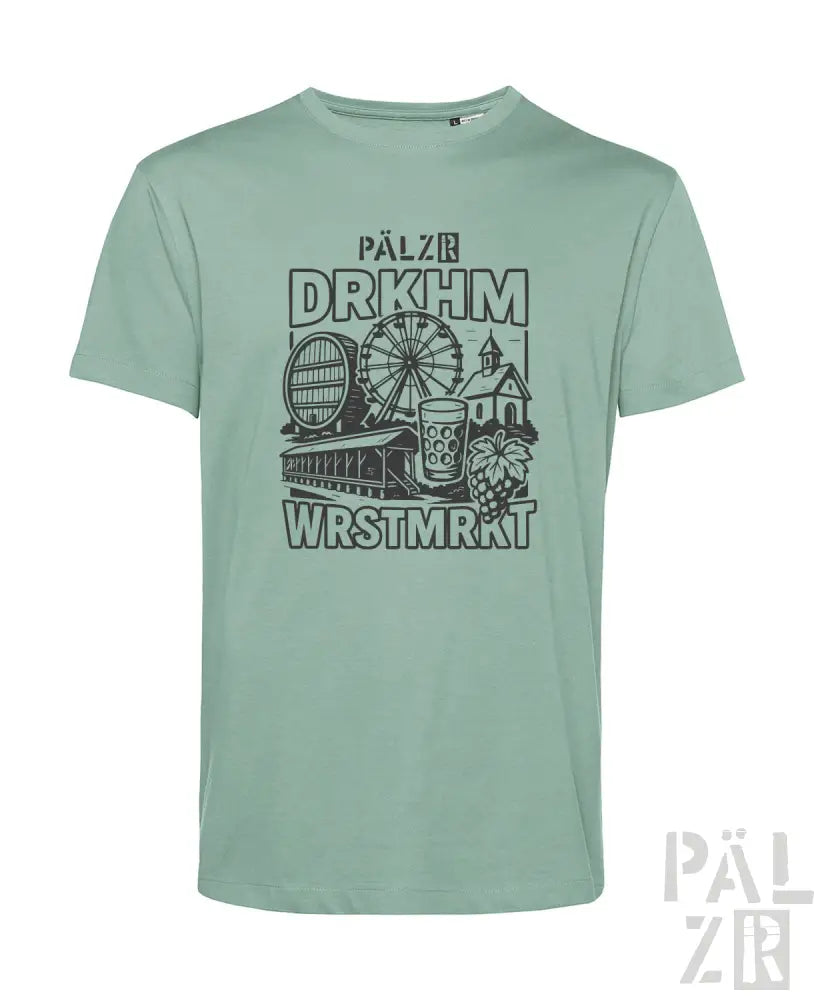Minzgrünes T-Shirt mit Grafikdesign, das ein Riesenrad, ein Bierkrug und Brauereielemente zeigt.